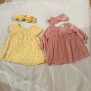 Quiltex Yellow Daisy Tulle Dress & Pink Velvet Bow Dress Set